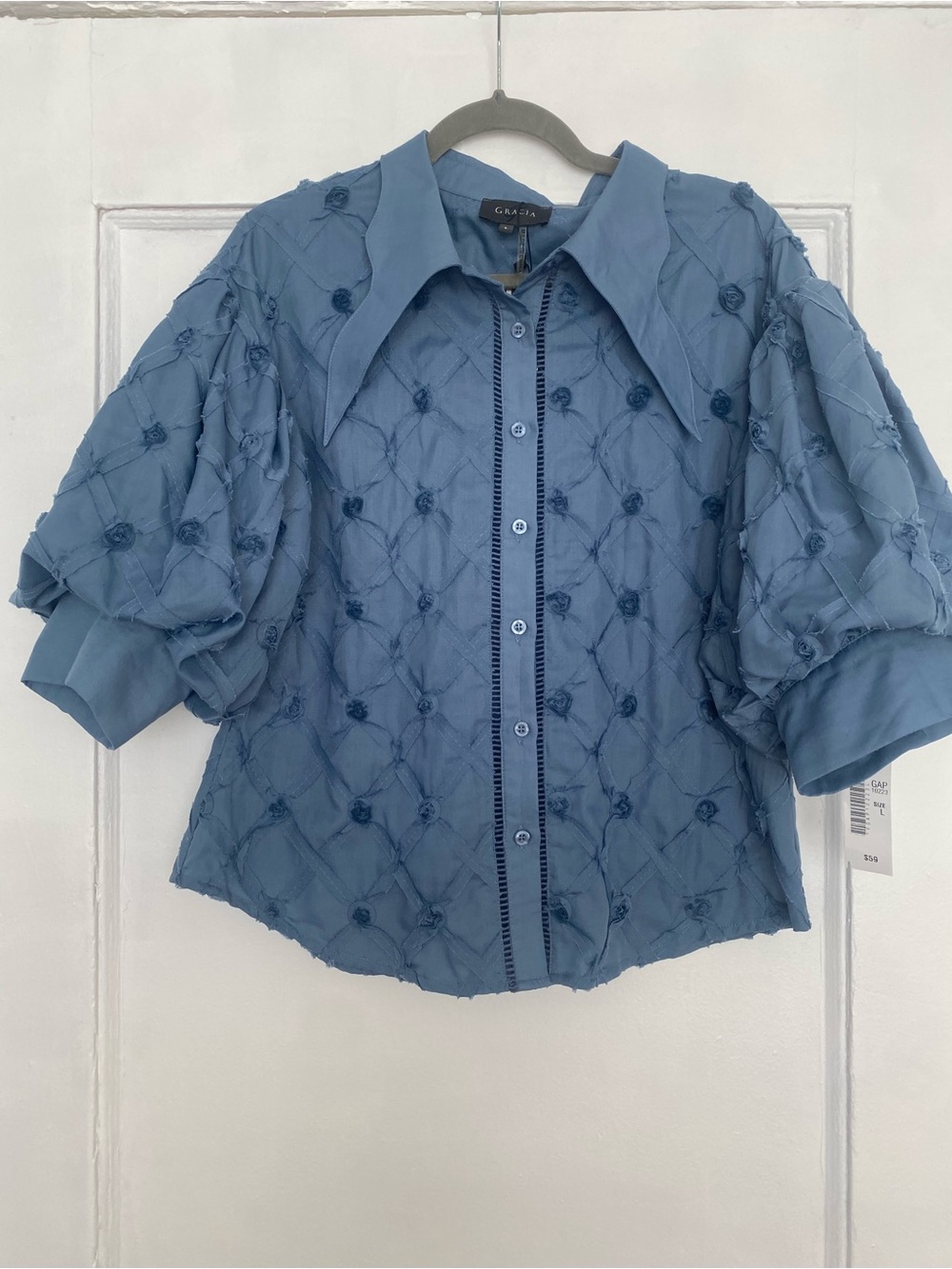Gracia Dusty Blue Puff-Sleeve Textured Button-Down Shirt